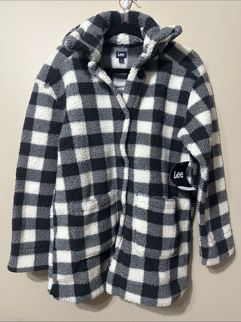 Lee Black & White Buffalo-Check Sherpa Pea Coat